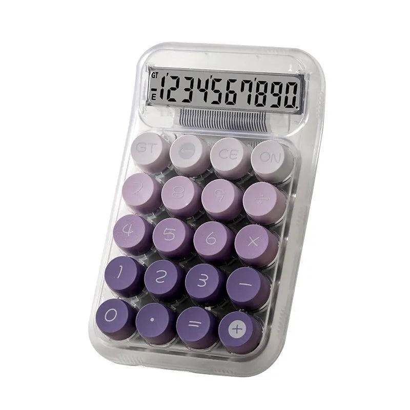 Round keypad gradient colour calculator in blue, green, pink, or purple on a desk.