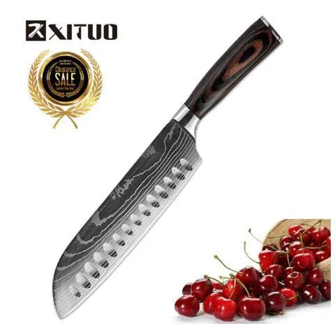 7Cr17 stainless steel kitchen knife with laser Damascus pattern blade and coloured wood handle
