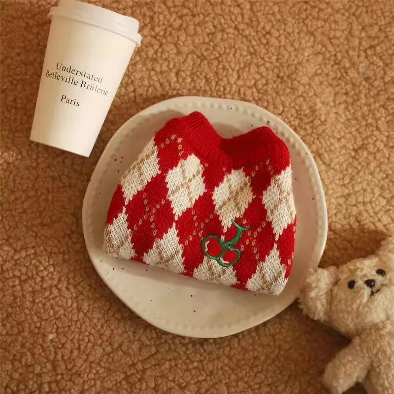 Red cat sweater with cherry and diamond embroidery pattern for autumn and winter wear