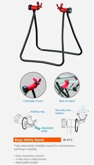 Foldable aluminium alloy bicycle repair rack in black with 3-way micro-adjustment and chain stay mounts on a flat surface