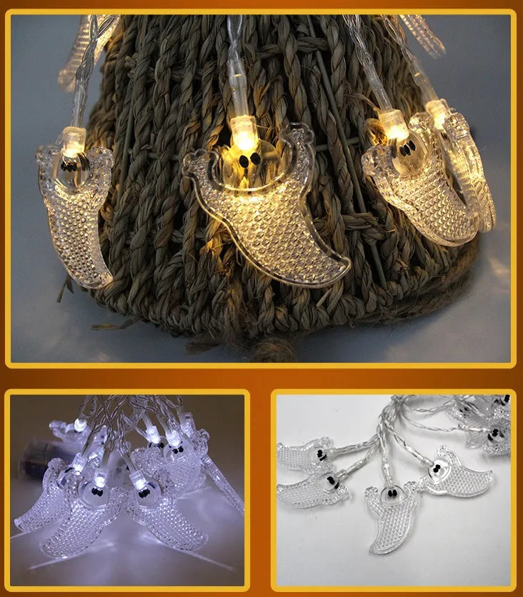 Halloween LED string lights with pumpkin ghost bat spider pendants on 1.2 metre battery-powered string