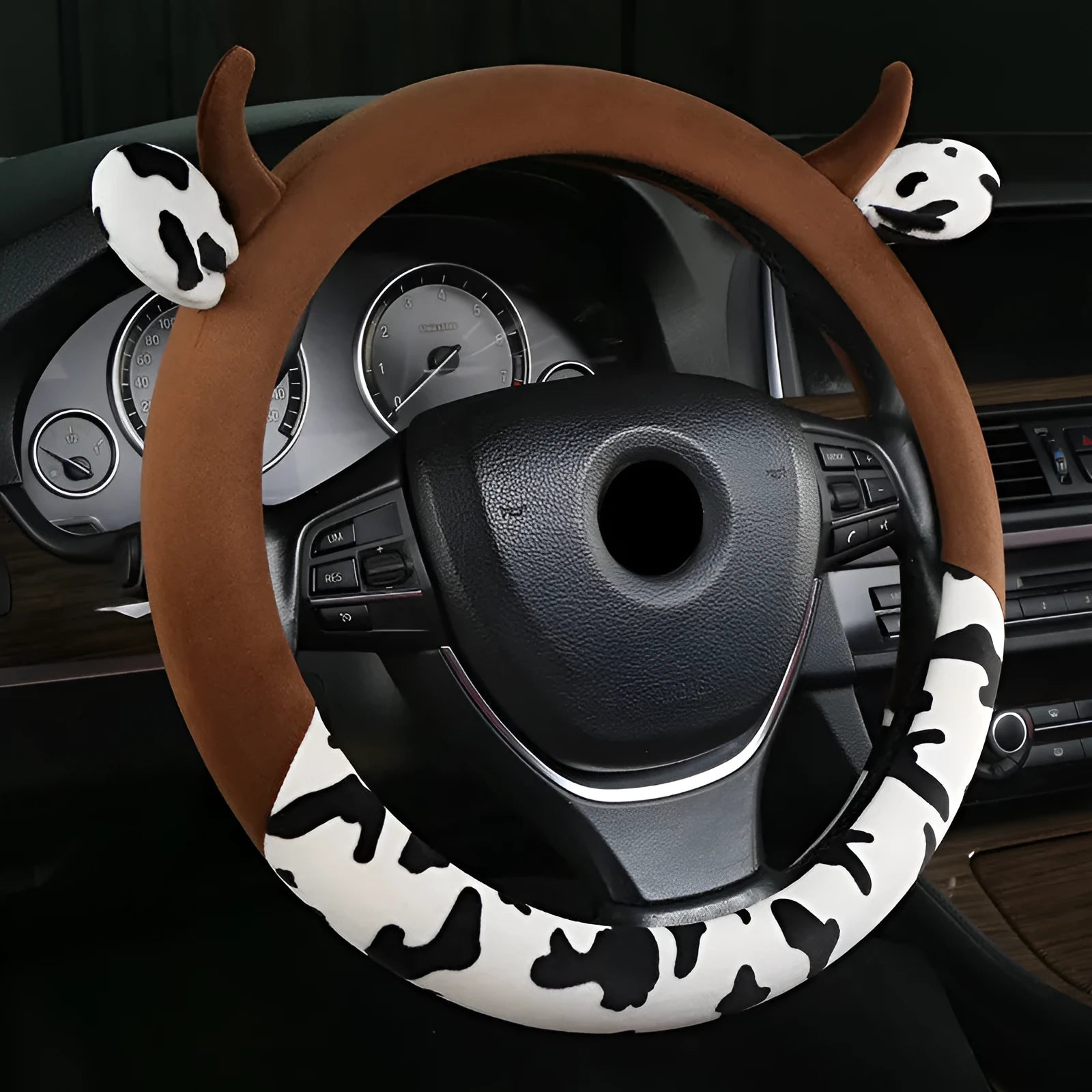 Plush car steering wheel cover with protective handle in black or coffee brown colours