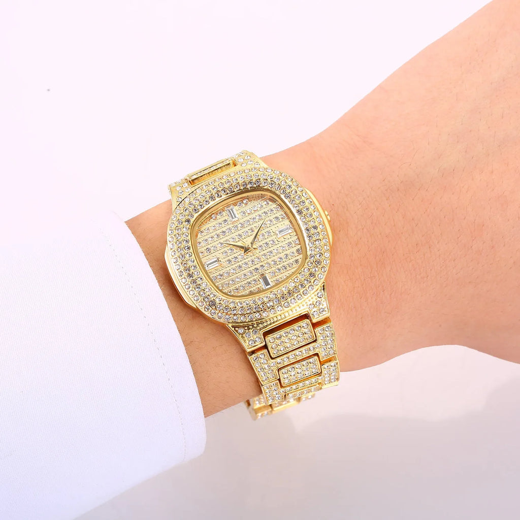 Women's fashion diamond watch with 37mm dial and alloy strap in golden finish