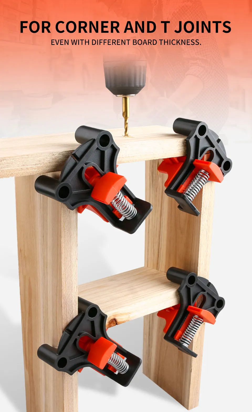 Set of four white plastic right angle clamps for picture frame assembly on a wooden surface.