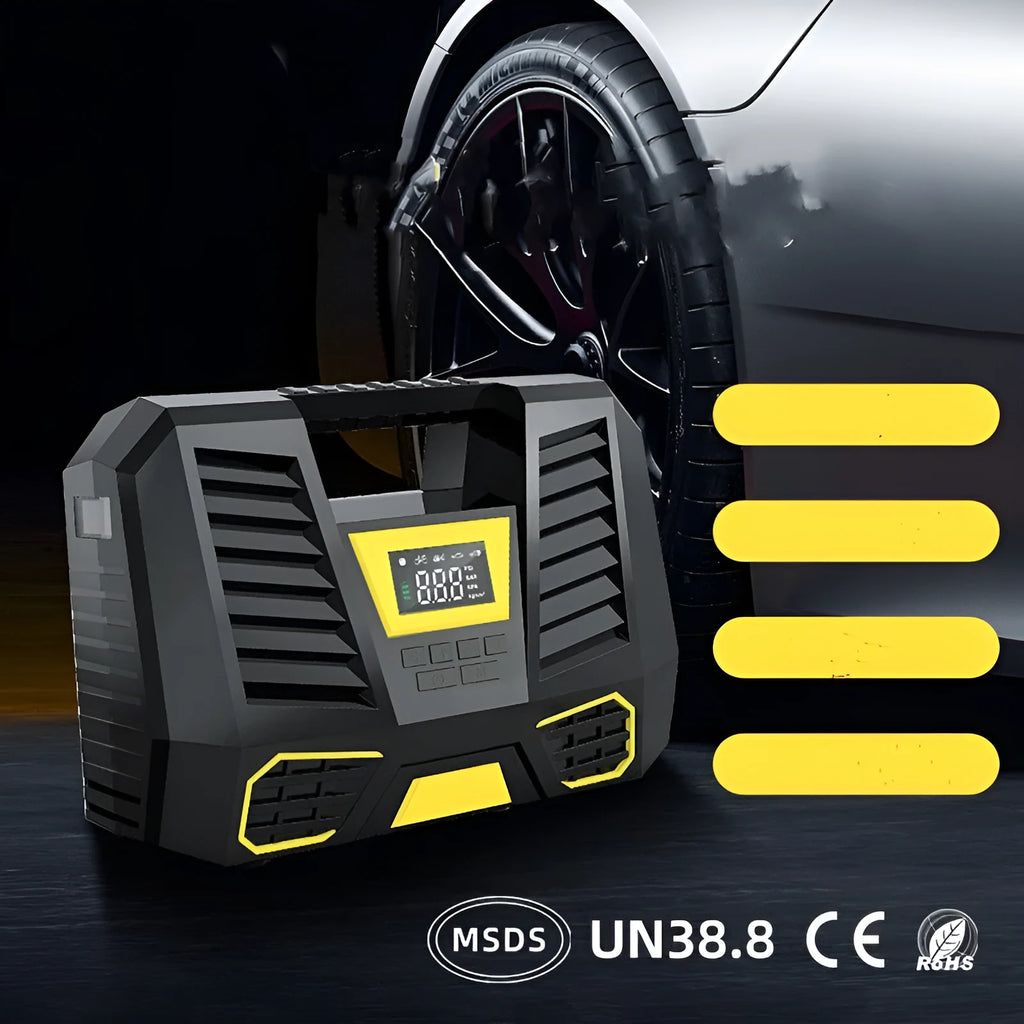 Carsun 100W 12V car air pump with digital display and 3m power cable on a garage floor
