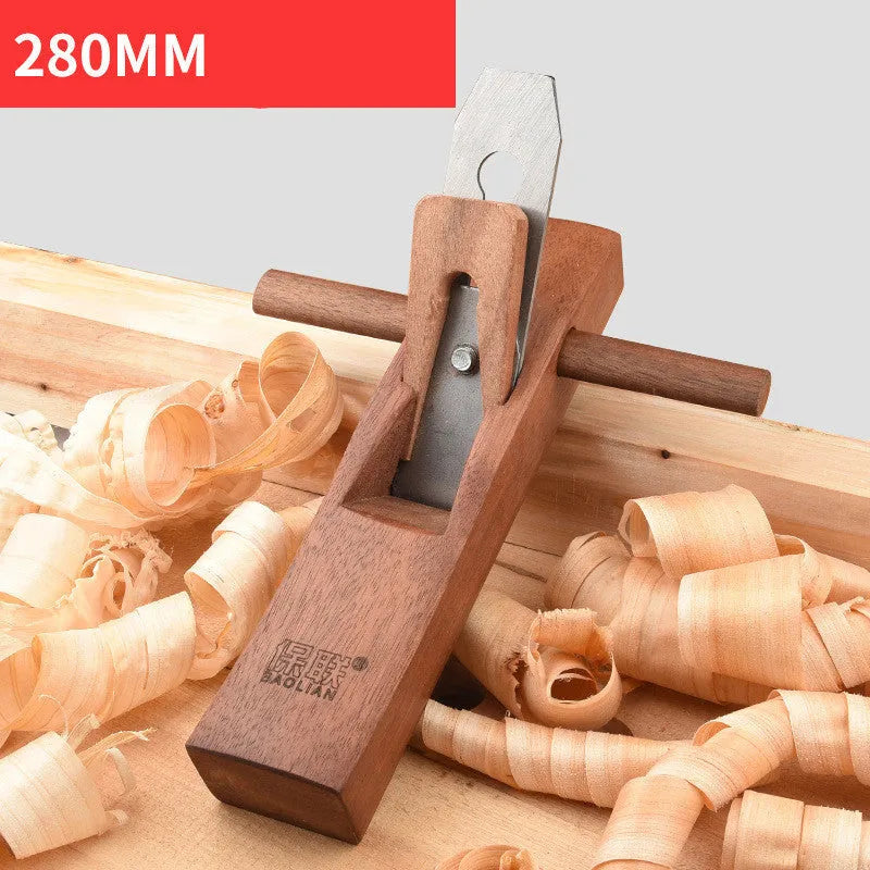 Six mahogany woodworking hand planes ranging from 95mm to 400mm on a wooden surface
