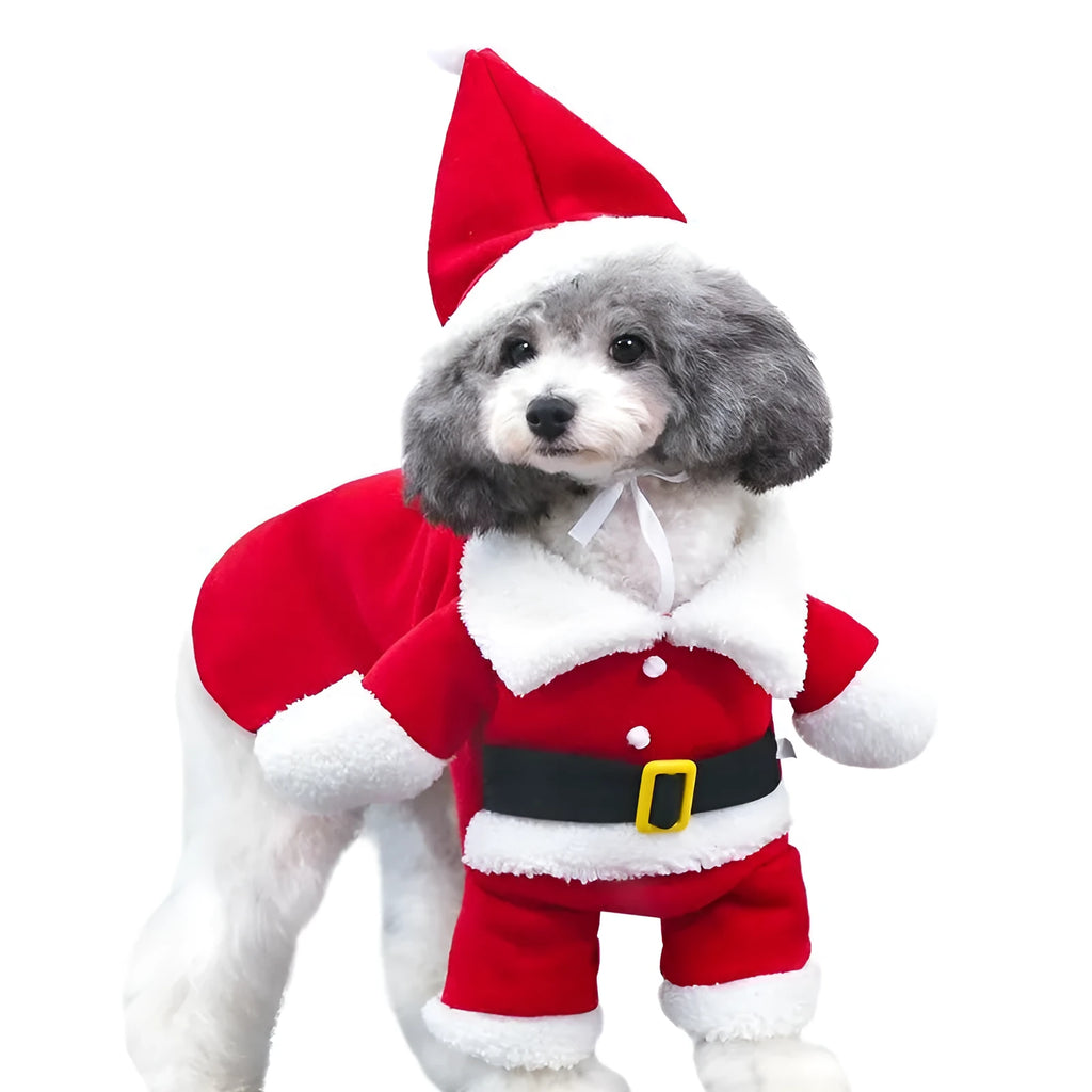 Red polar fleece pet Santa costume for dogs and cats in standing design with England-style pattern