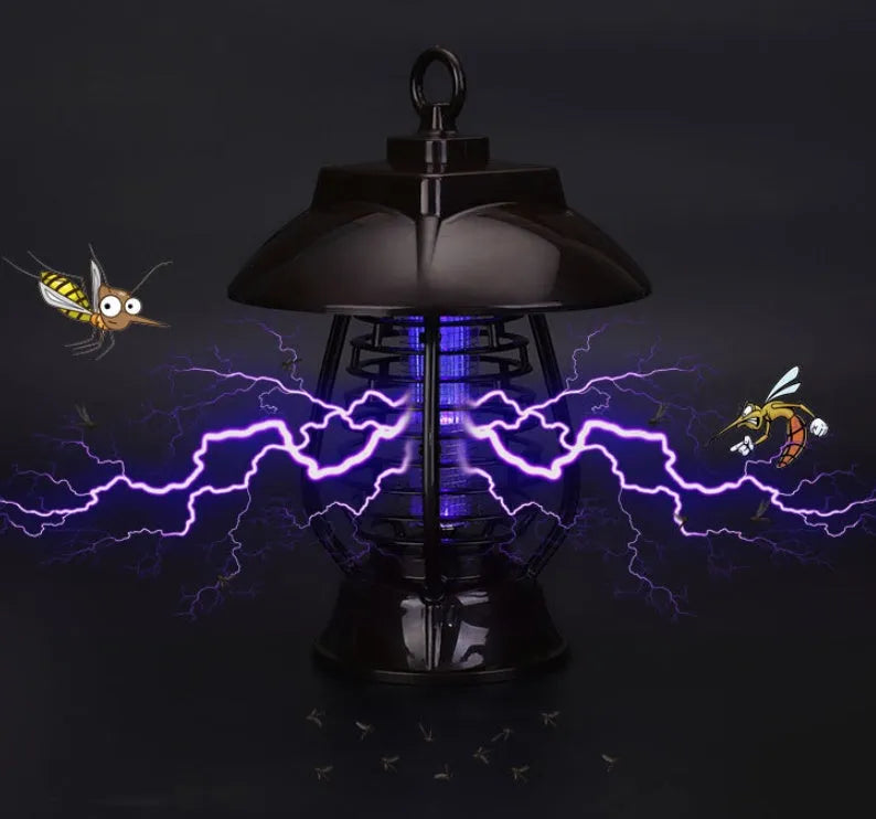 Black solar powered mosquito lamp with solar panel and LED lights for outdoor insect control