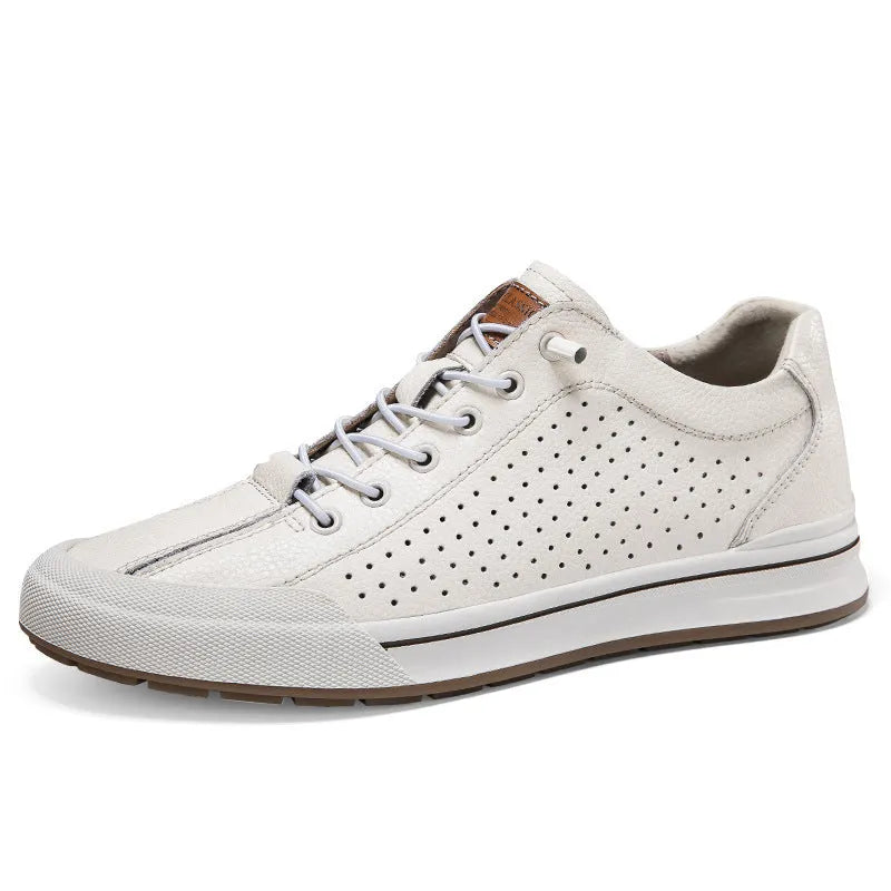 Men's white matte leather flat shoes with round toe and 6CM heel