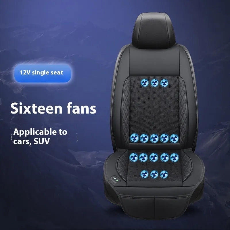 Car ventilation cushion with fan in black fabric, 12V model with 8 fan vents on car seat