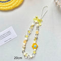 Colourful beaded flower mobile phone lanyard on rope with blue, pink, and yellow options