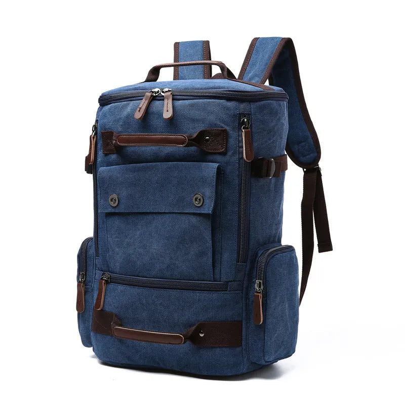 Men's vintage canvas backpack, 46cm tall, khaki colour, with microfiber leather pull tabs and zipper closure