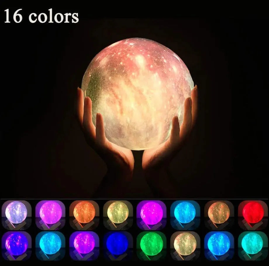 3D-printed sphere lunar night light on a base with a remote control.