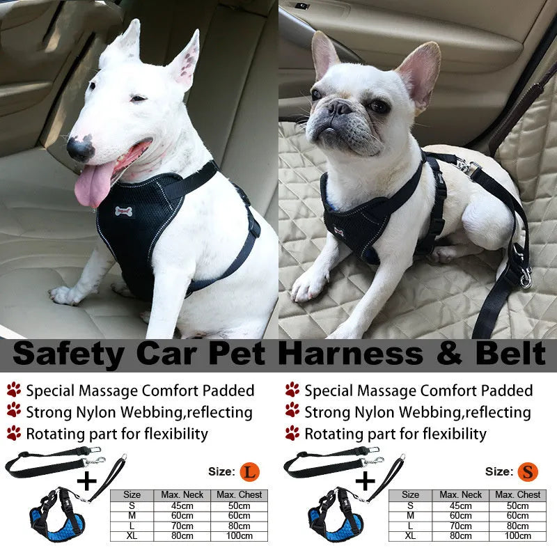 Mesh bumps pet car seat belt chest strap in black and blue for dogs and cats sizes S M L XL