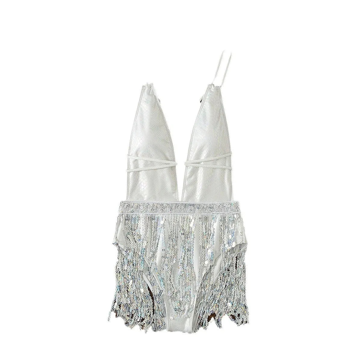 White one-piece swimsuit with deep V-neck and tassel detail on a mannequin