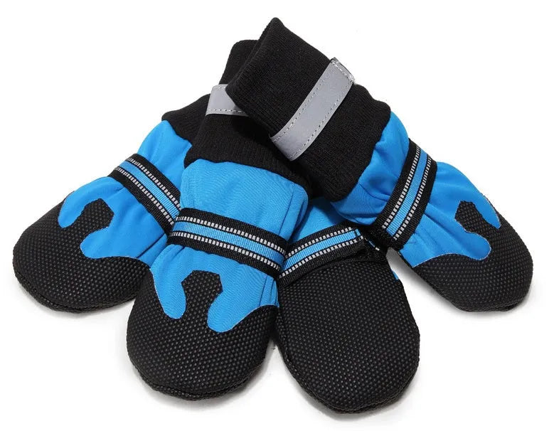 Waterproof dog boots for large medium dogs in blue with non-slip rubber sole and reflective velcro straps