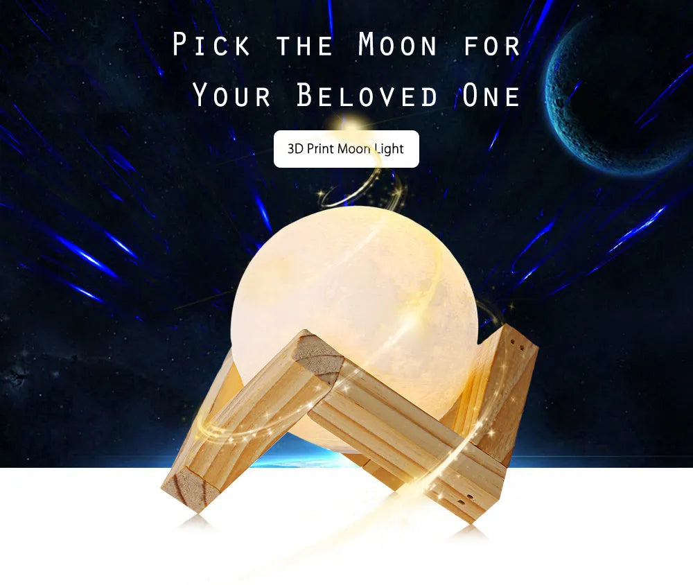3D printed white moon lamp on wooden stand with touch-sensitive metal ring at base.