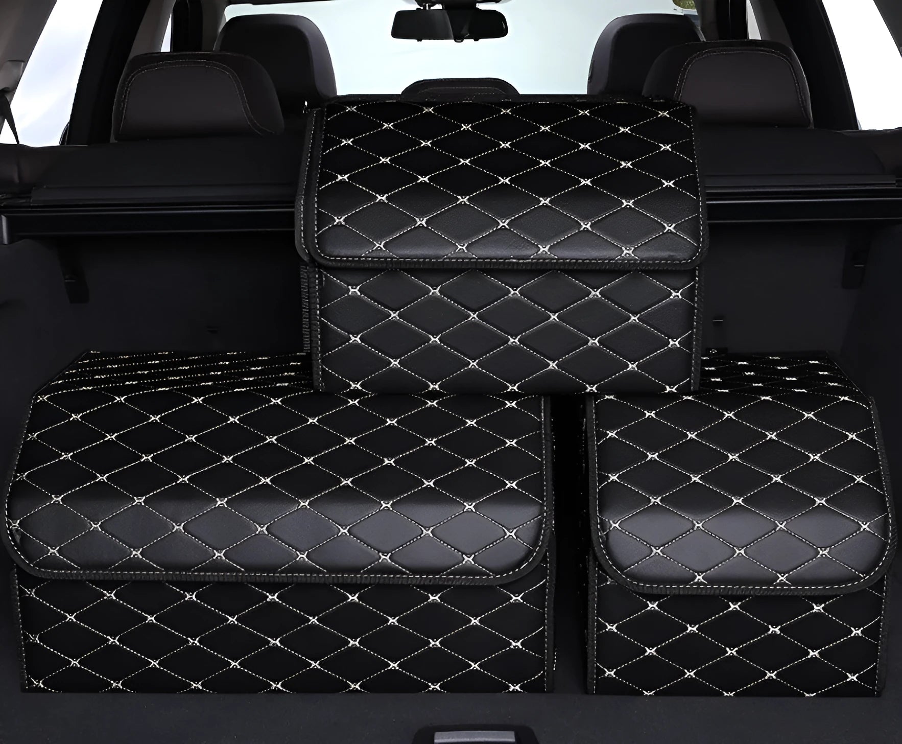 Leather car organiser storage box in Black, size Large 30x30x55cm on car back seat