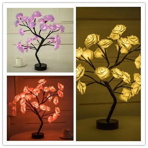 White and red rose flower LED table lamp with bonsai tree lights on a table.