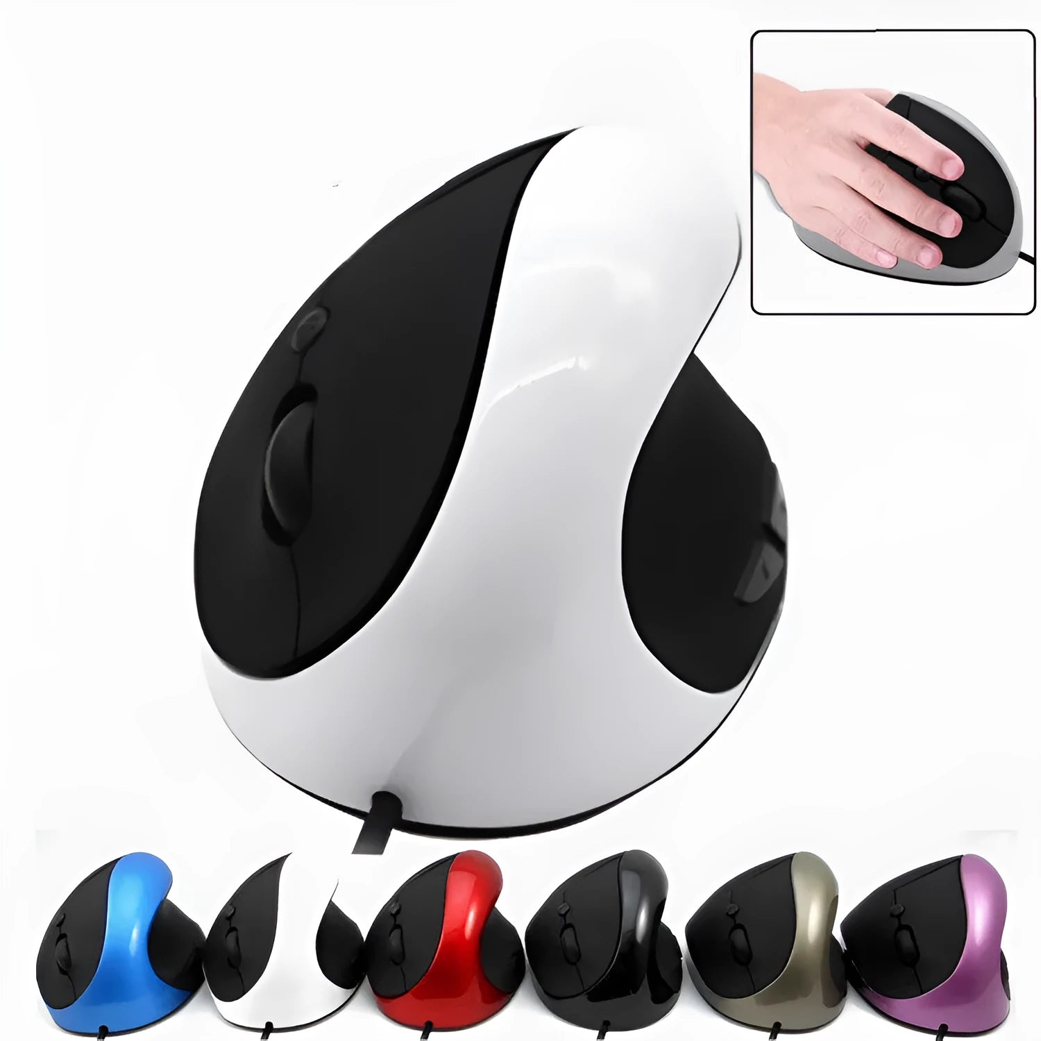 Ergonomic vertical wired computer mouse in multiple colour options on a desk
