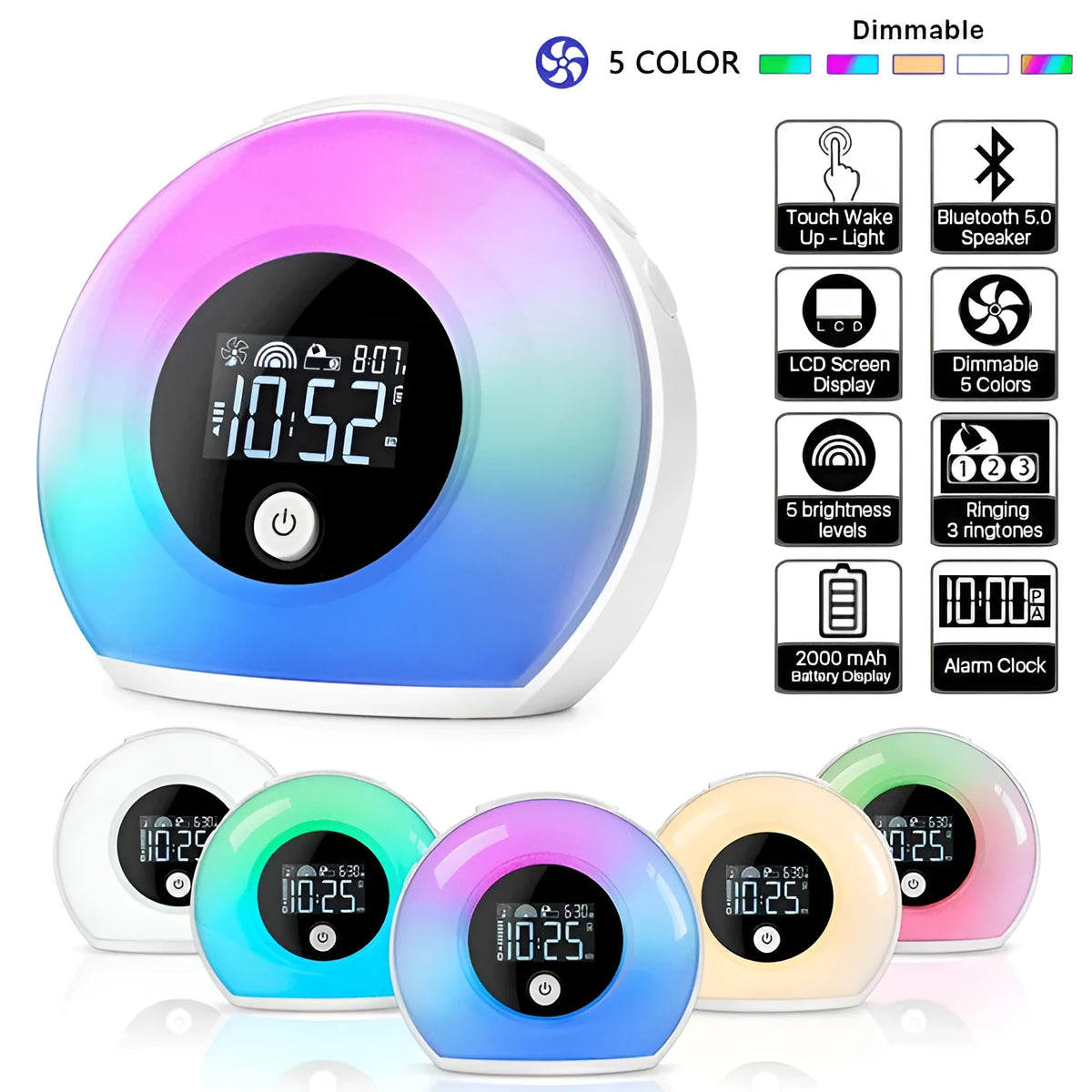 Digital music alarm clock with VA LCD screen and five fluorescent light types, compact 130 x 120 x 75 mm