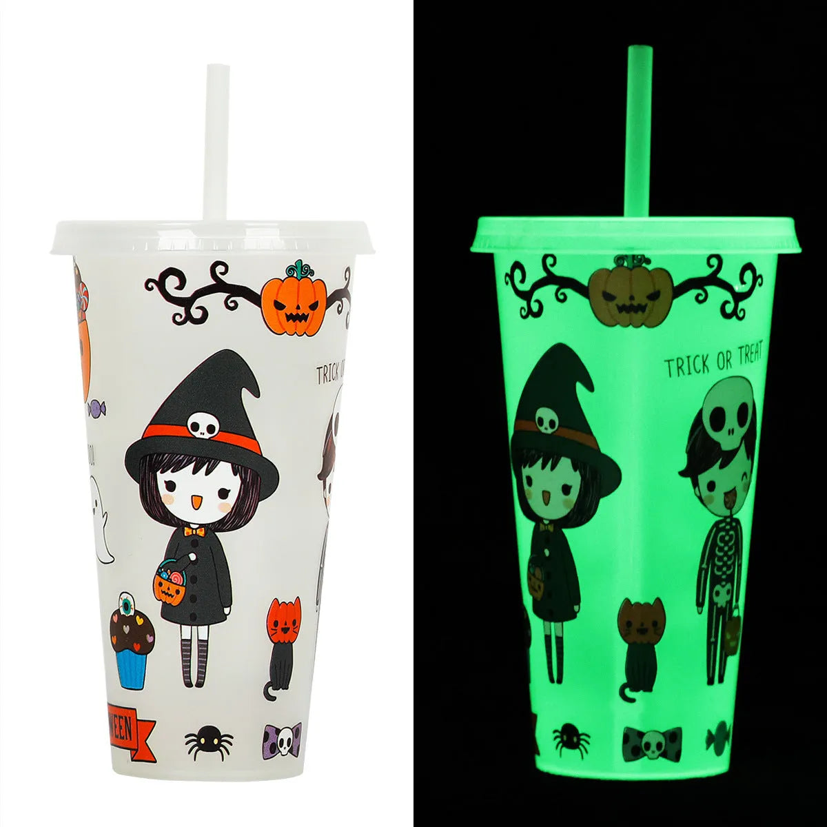 Halloween luminous reusable plastic sippy cup with straw, 720ml capacity, shown in one of six colours.