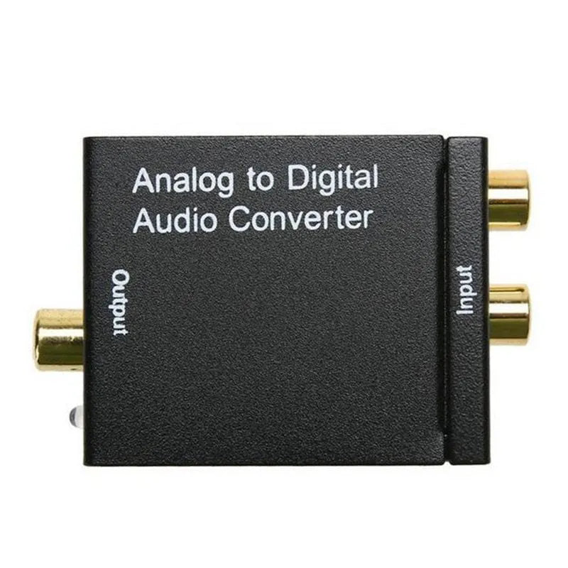 Black digital to analogue audio converter with Toslink and RCA inputs for DVD players