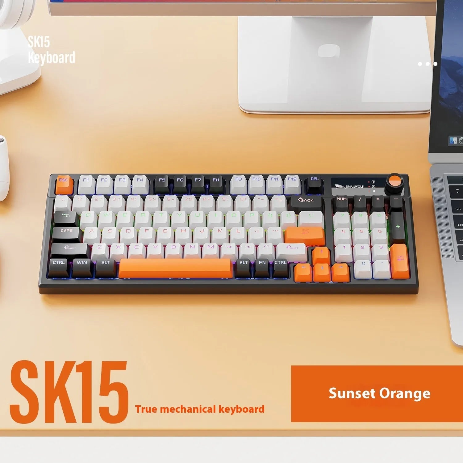 SK15 compact wired mechanical keyboard with mixed light green switches in sunset orange colour