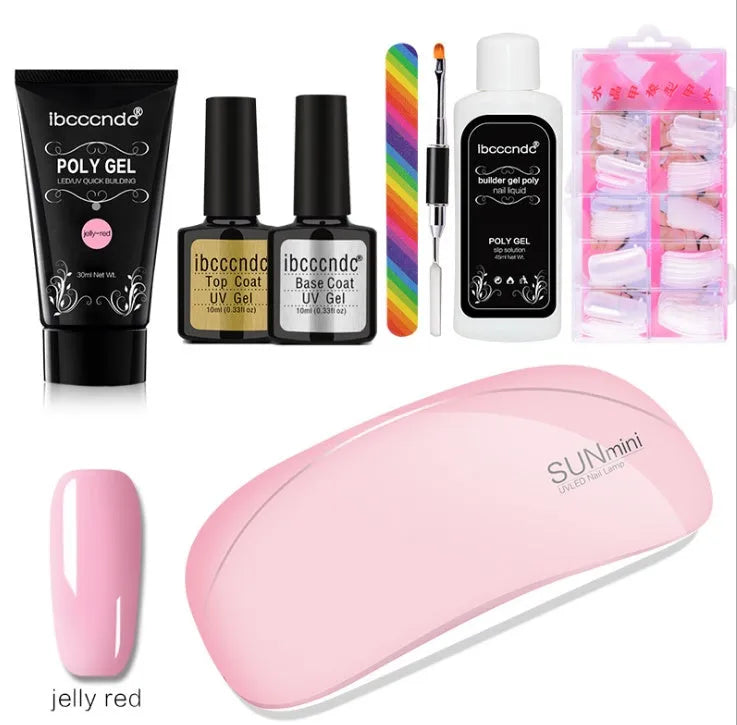 Crystal glue nail extension kit in box with 100 scaled nail crystals, polish, and accessories in multiple shades