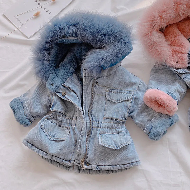 Girl's blue denim coat with an attached hood and plus velvet lining, shown on a hanger.