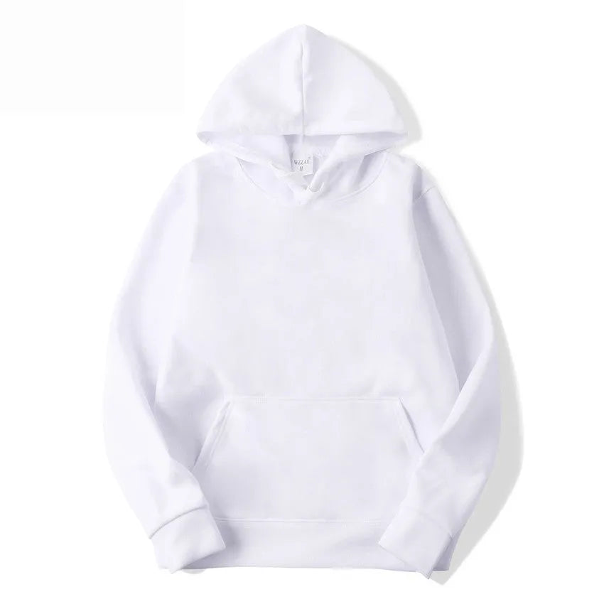 A solid colour unisex pullover hoodie in a cotton blend fabric, shown on a hanger.