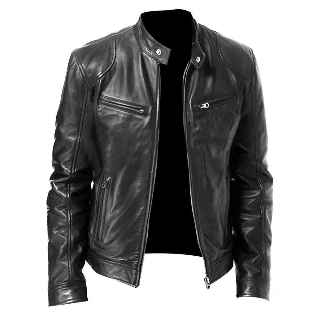 PU leather slim-fit biker jacket for men in black, front view with zipper and collar