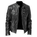 PU leather slim-fit biker jacket for men in black, front view with zipper and collar