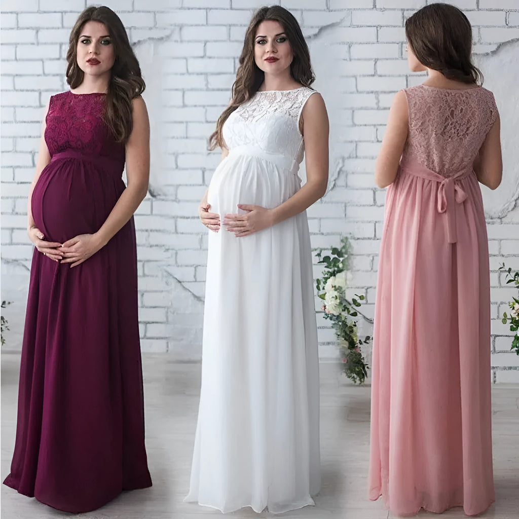 Lace sleeveless maternity dress in white, pink, and wine red, Asian sizes S to XXXL