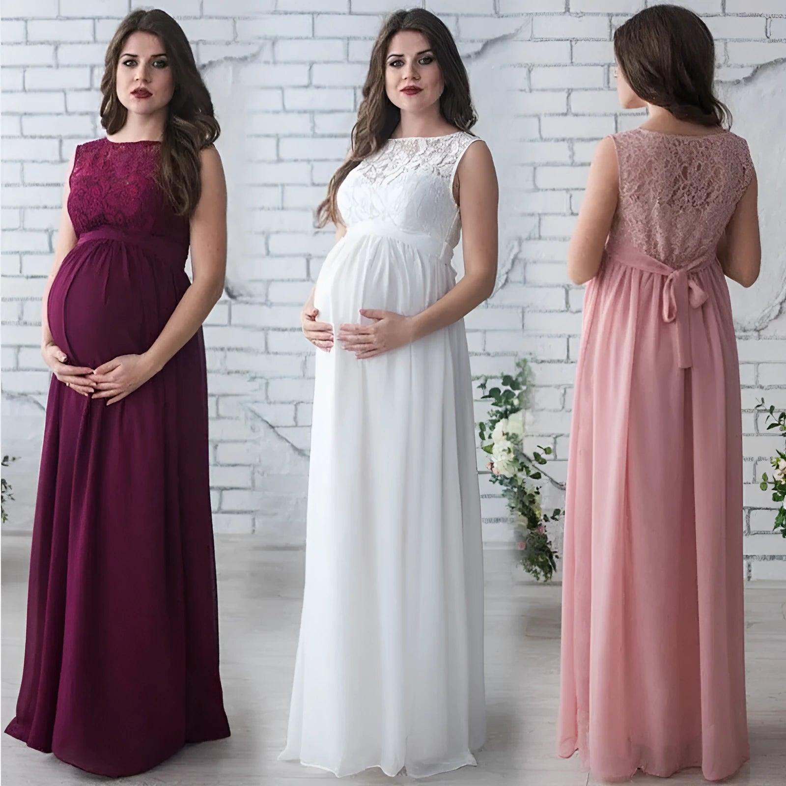 Lace sleeveless maternity dress in white, pink, and wine red, Asian sizes S to XXXL