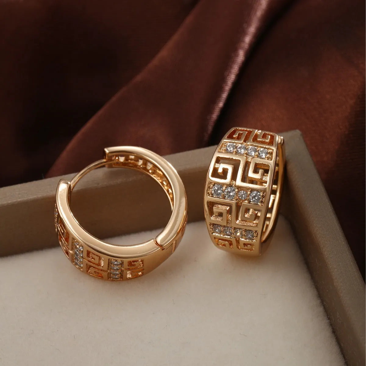 Geometric copper inlaid zircon earrings with 18K gold plated electroplated finish for women