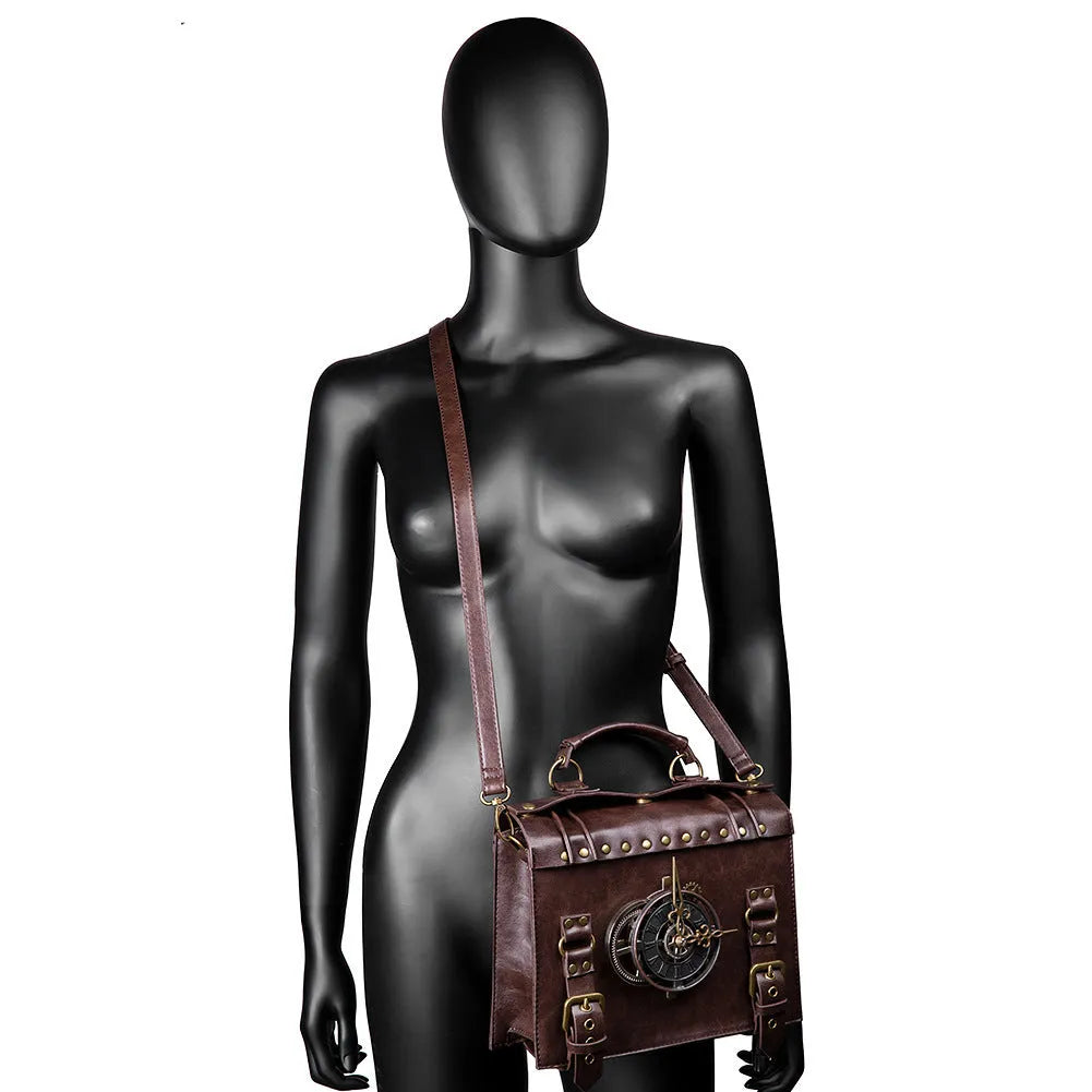 Bronze steampunk industrial retro style shoulder bag with horizontal pillow design and metal decorative elements