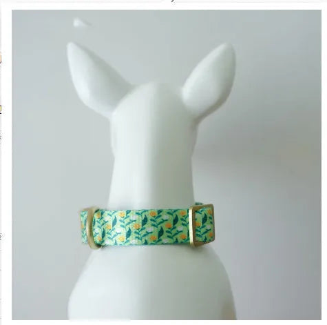 Floral pattern nylon ribbon dog collar in hanada blue with adjustable sizing for small to large dogs