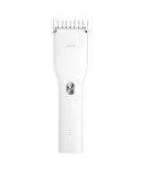 Black and white cordless men's hair clipper with ceramic cutter head and adjustable comb.