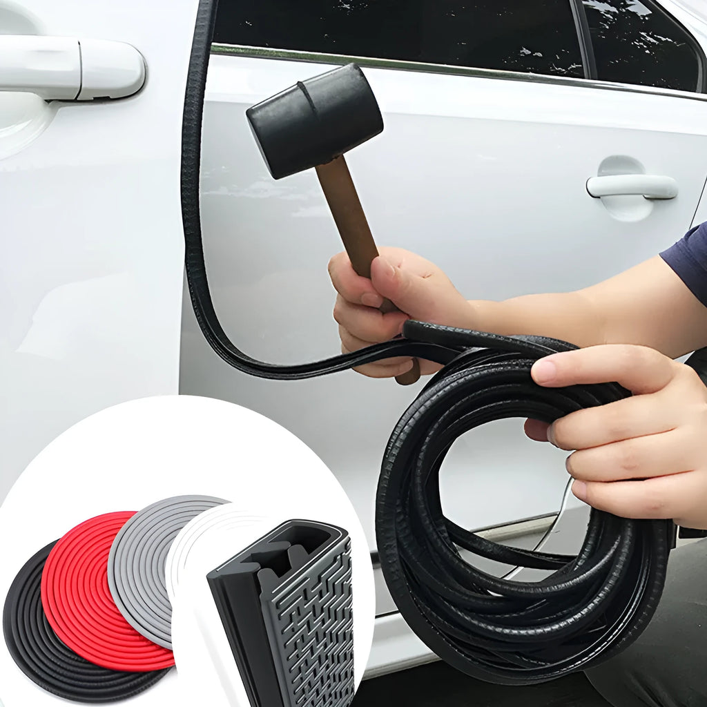 Universal car door edge anti-collision strip with built-in steel disc, PVC and metal construction, available in multiple colours and sizes on a car door.