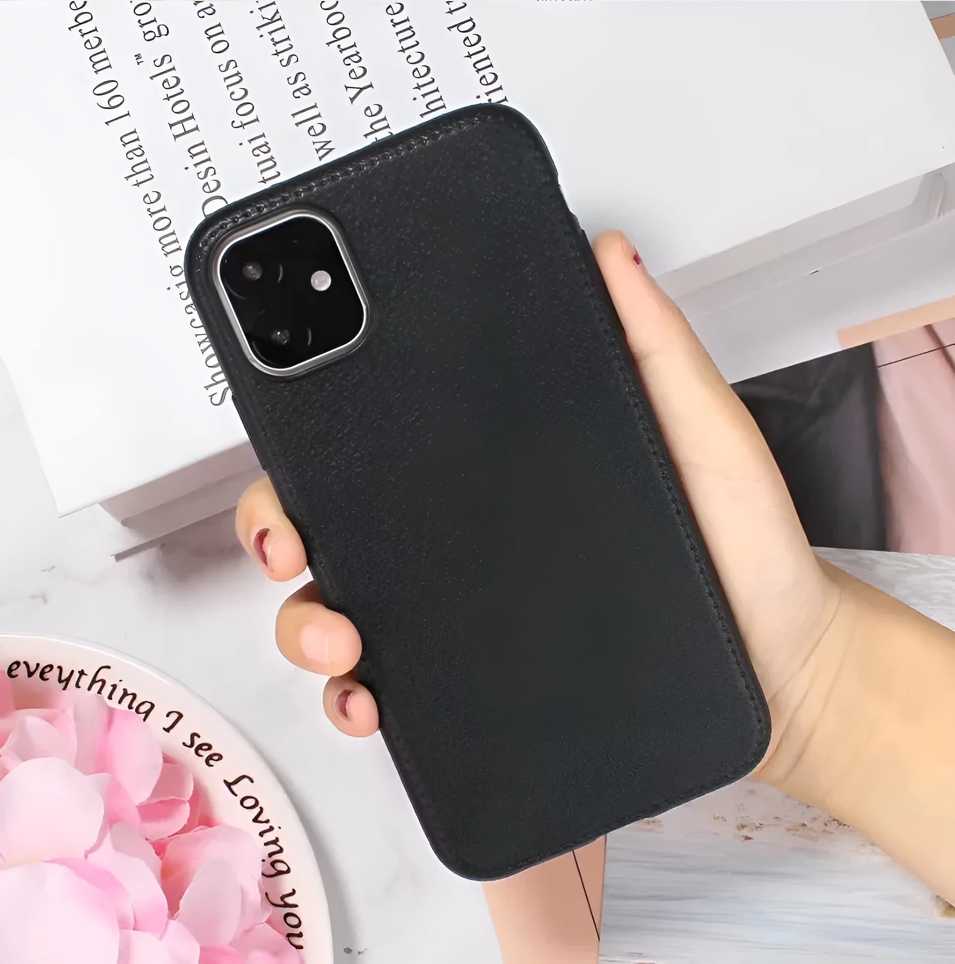 Genuine leather iPhone case with TPU bumper in Black, Brown, Navy Blue, and Wine Red colours for multiple models.
