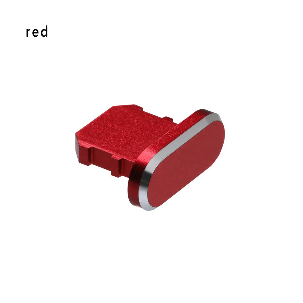 Aluminium alloy charging port dust plug for iPhone in various colours including gold, black, and rose gold.