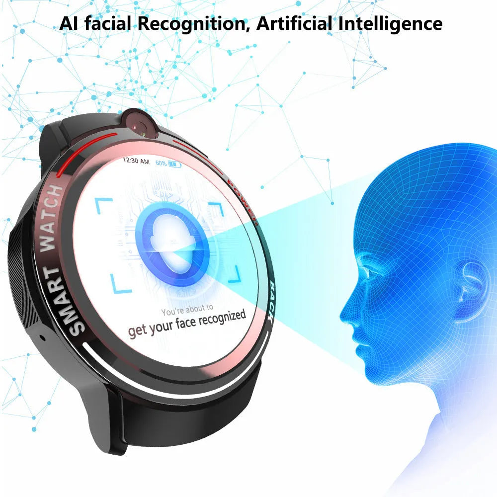 4G smart watch with ceramic bezel, AMOLED screen, rubber wristband, and touch buttons on a wrist