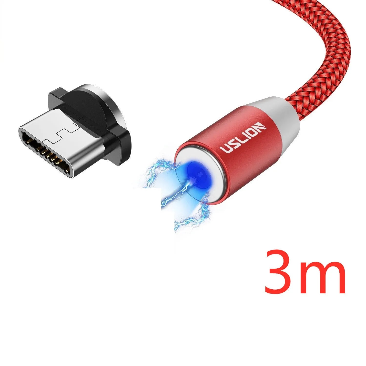 USLION circular magnetic charging cable in black, showing magnetic connector and plug for Android, iOS, or Type-C device.
