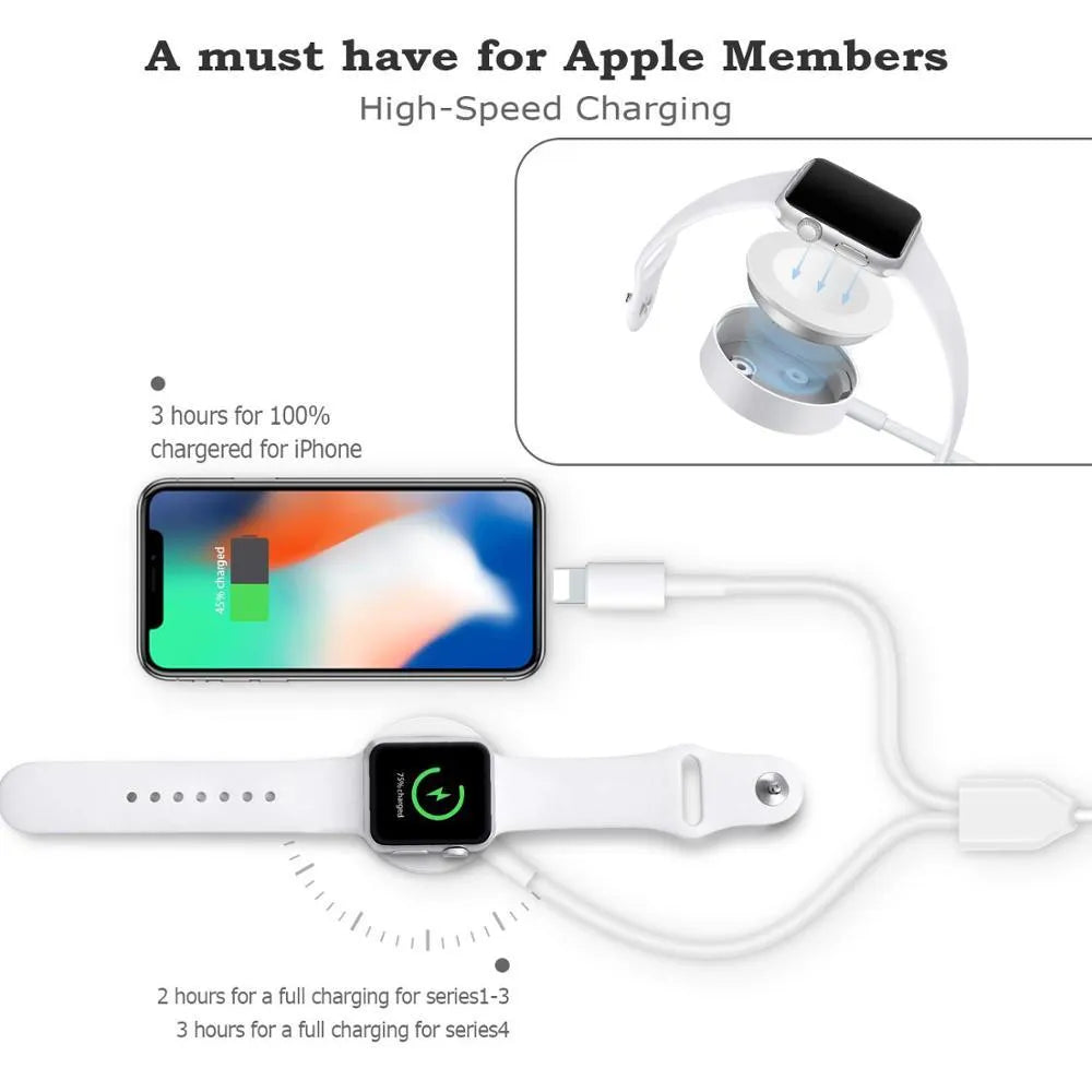 White two-in-one wireless charging pad for smartwatches and fitness trackers with USB cable.
