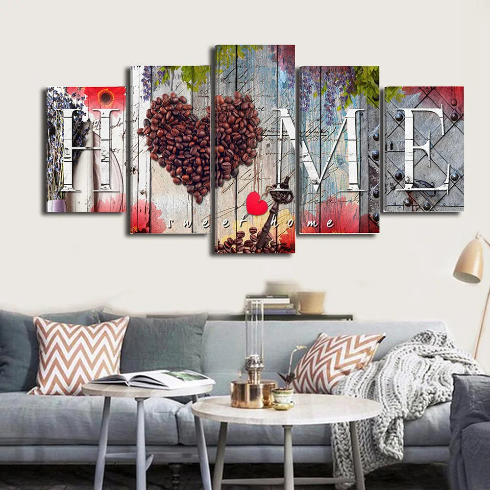 Red oil painting wall decoration board set with five panels in mixed sizes for home interiors