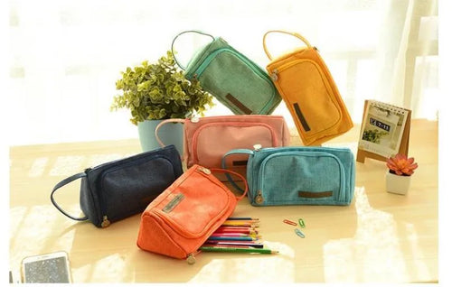 Canvas plaid pencil case with striped Korean style square shape