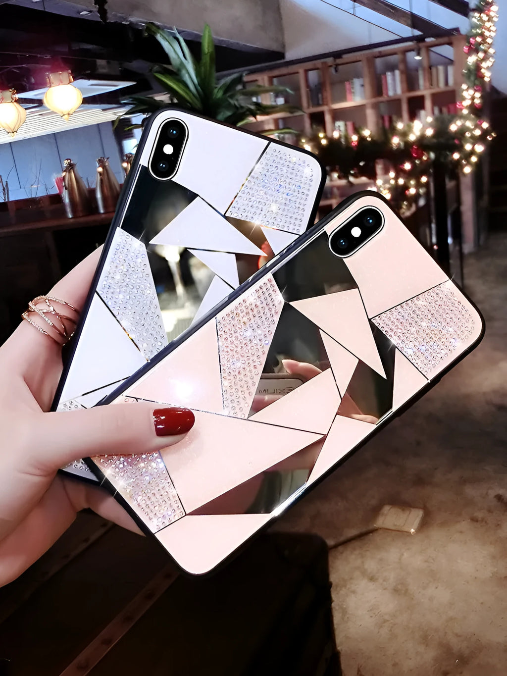 Gold silicone back cover with rhinestone diamond mirror finish for iPhone 11 Pro, XS Max, 7, 8, X