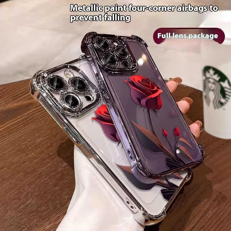 Transparent TPU phone case with hand-painted red rose oil painting design for Apple iPhone