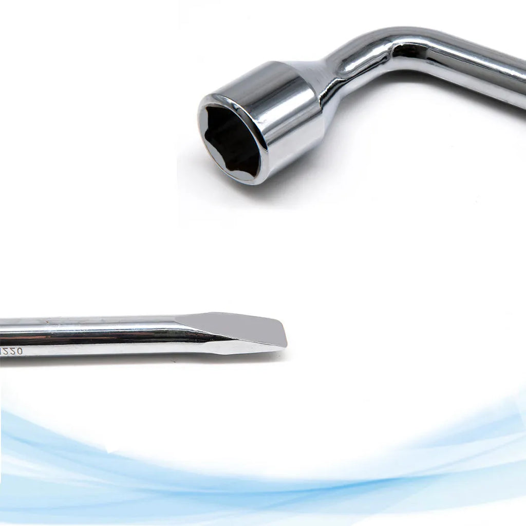 A single L-shaped 19mm socket wrench tool made from chrome vanadium steel on a plain background.